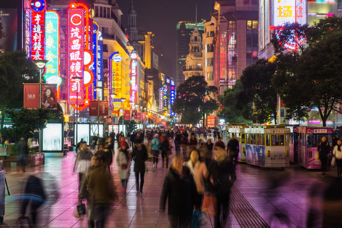 People walking down a China city street. 