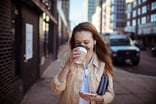 drinking coffee and walking outside