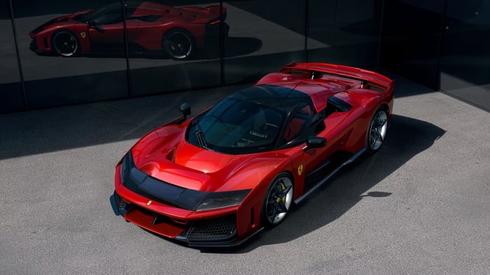 Image of a parked red Ferrari F80.