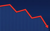Red stock arrow trending down on a blue background.