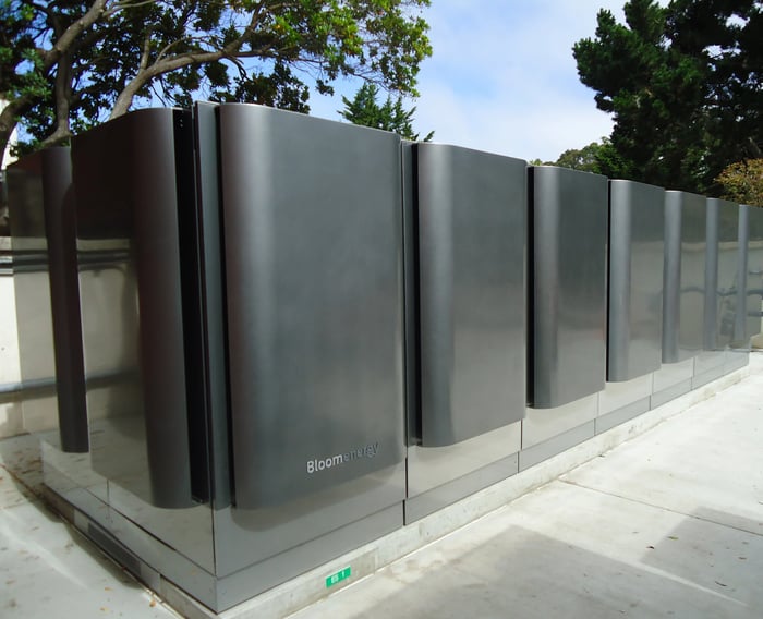 An image of several Bloom Energy servers lined up.