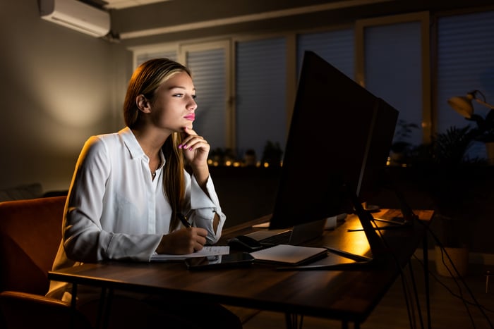 An investor at a desk. 