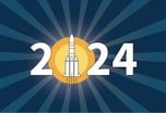 2024 with a rocket with boosters resembling Atlas V substituted for the 0, against a background depicting a rising sun.