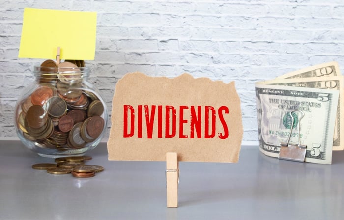 The word dividends written on a brown piece of paper and held up by a wooden clip.