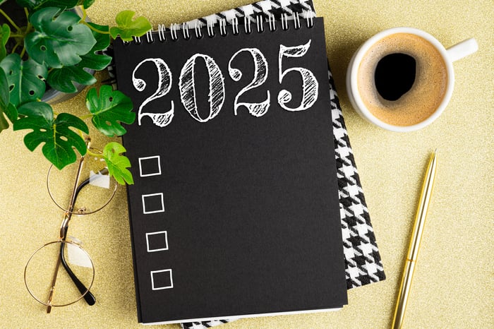 A notebook with 2025 and several check boxes on it.