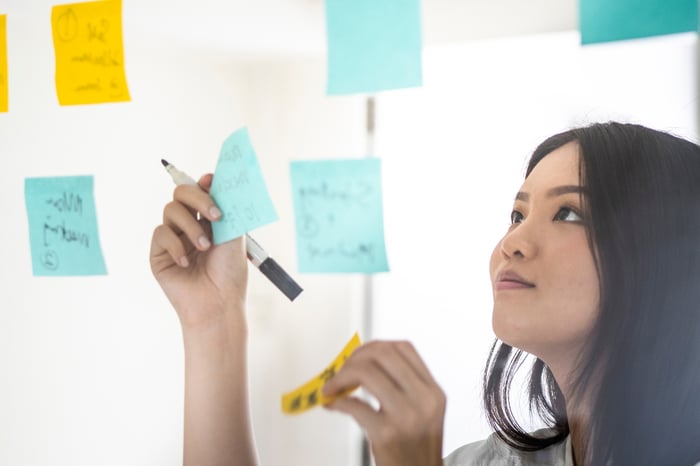 A person placing sticky notes on a clear wall while holding a marker.