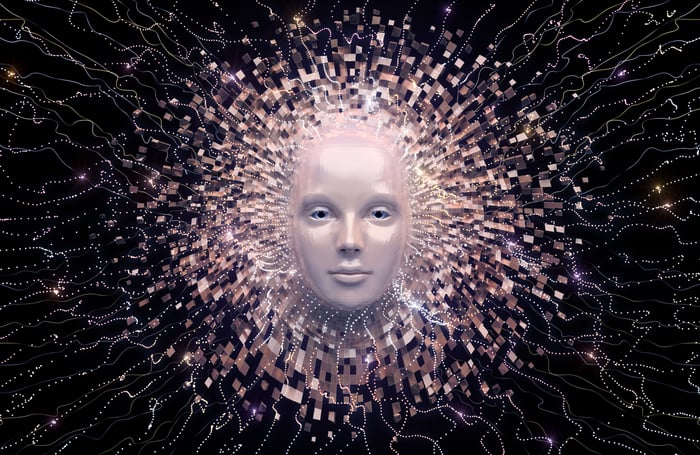 A human face emerging from a sea of pixels and circuitry, representing artificial intelligence.