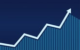 Blue stock chart arrow moves up.
