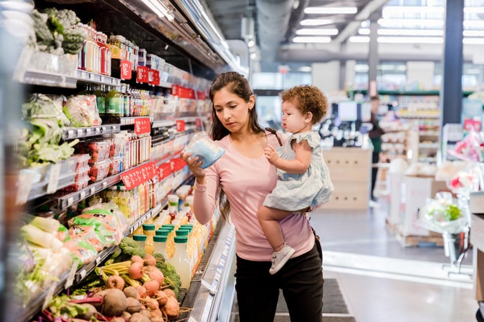 Family shopping for vegetables at the grocery store.