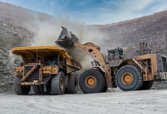 Heavy duty construction equipment operating in an industrial setting.