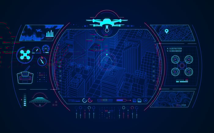 Drone controller screen image showing a 3D urban environment.