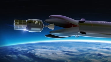 Artist's depiction of Neutron rocket first stage opening its fairing to release Neutron rocket second stage. IS Rocket Lab