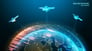 Three glowing satellites beaming down transmissions to Earth.