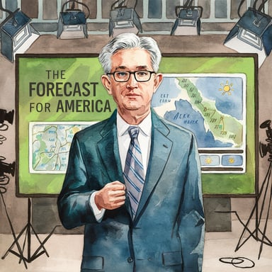 please generate a watercolor image_ Federal Reserve Chair Jerome Powell as a TV weatherman. The screen behind him says _The Forecast for America_