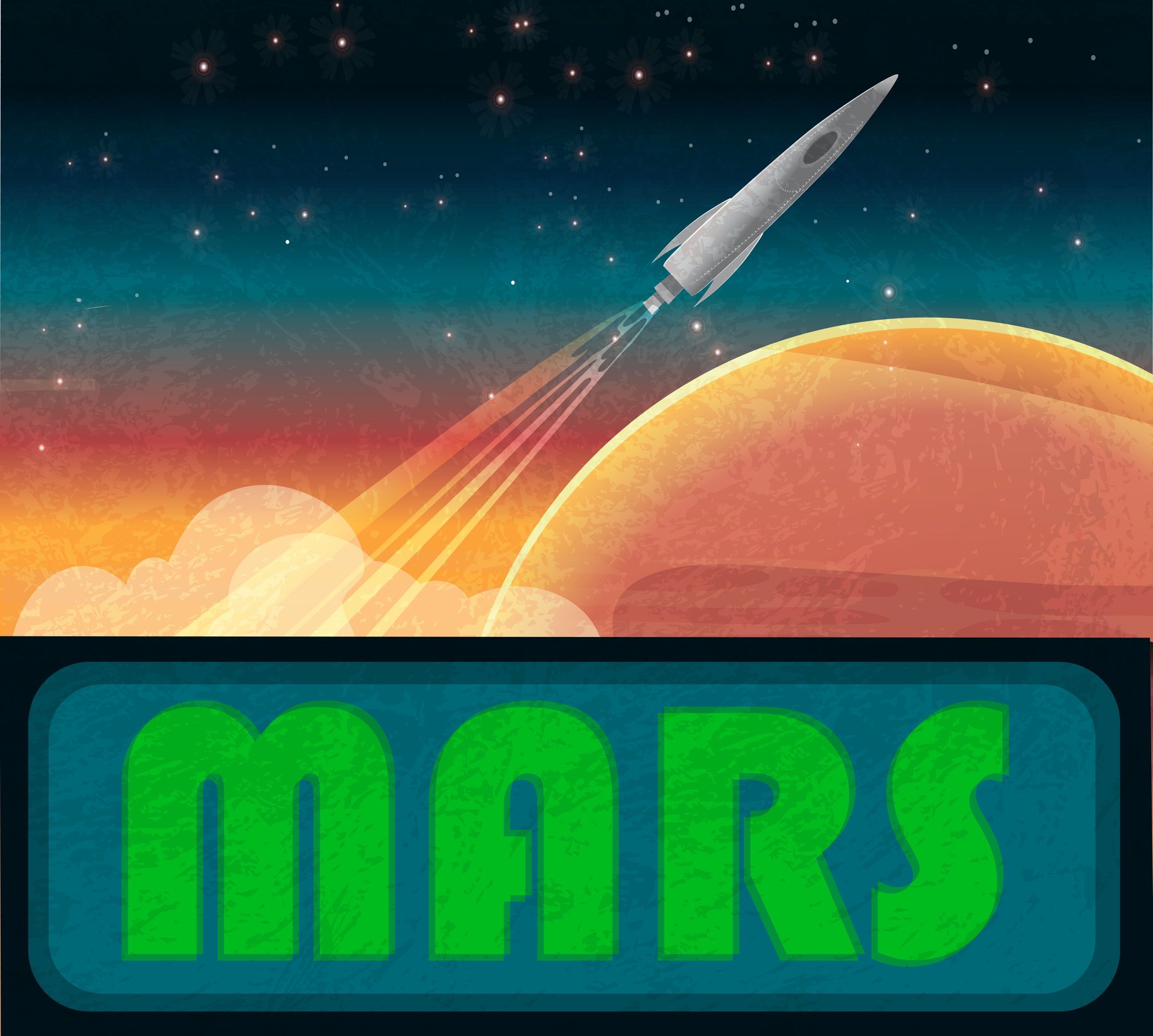 Illustration of rocket launching over a red planet with the word mars below in green font.