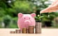 Water droplets fall from a person’s hand onto a plant sprouting from stacks of coins with a pink piggy bank in the background.