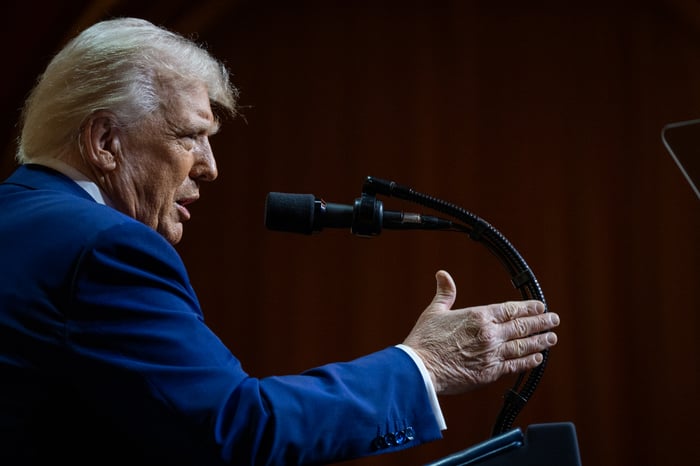 Donald Trump giving remarks while standing behind a podium.