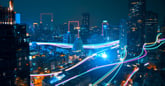 Rendering of beams of light coursing through a cityscape
