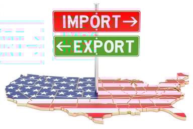 tariffs implied by import:export signs over map of U.S.