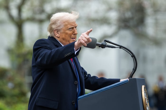 Donald Trump gesturing while giving remarks during his Liberation Day tariff announcement.