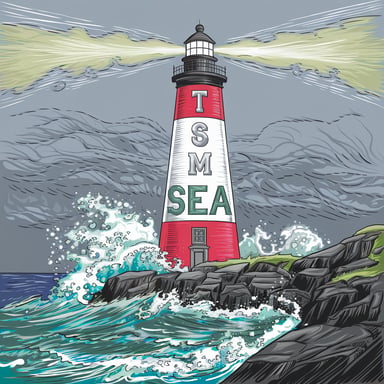 Lighthouse that says TSM Sea with waves crashing all around it.