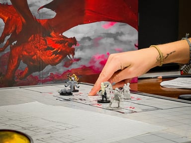 Dungeons and Dragons game in progress with a red dragon in the background.