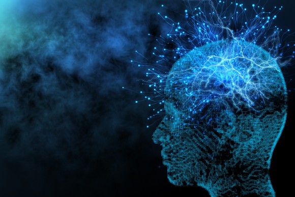 Artist's rendering of a digital human face, lit up in the cosmos.