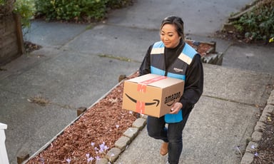 25_05_19 An Amazon flex driver delivering package to door step _MF Dload IMAGE SOURCE AMAZON