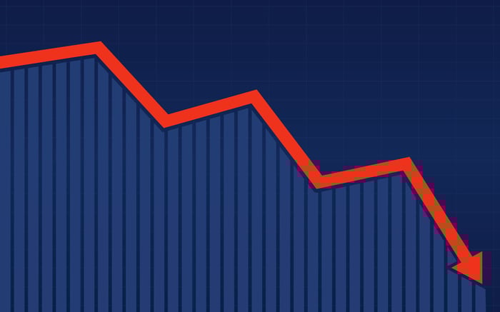 Red arrow going down on blue background.