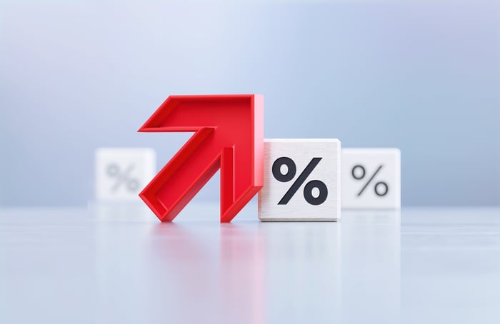 Arrow up with dice percentage sign.