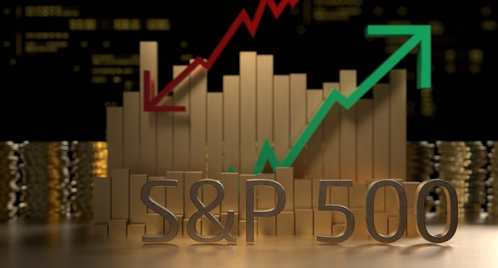 S&P 500 in front of gold bars with red down arrow and green up arrow.