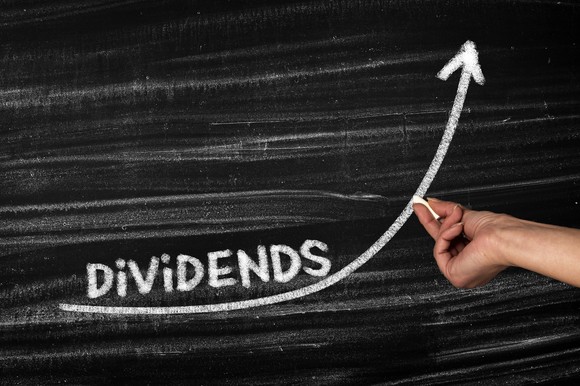 The word dividends on a chalkboard with a person drawing an upward arrow.