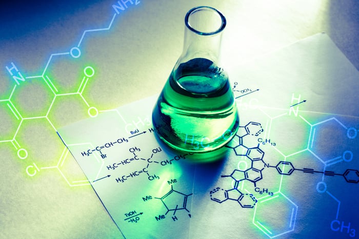 A beaker holding a liquid sitting on top of a sheet of paper with various chemical formulas.