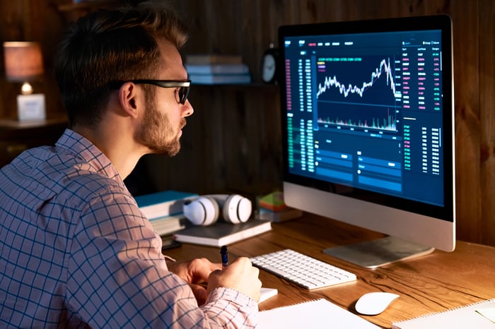 A focused trader studies stock charts and market data on his desktop.