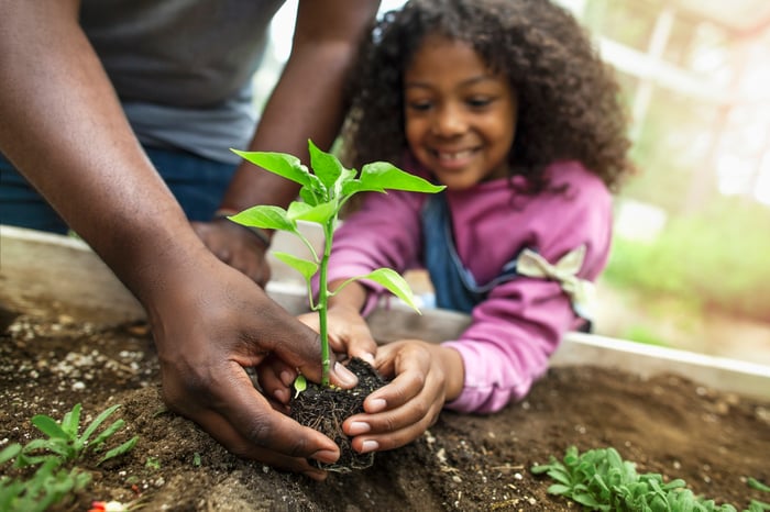 Child doing some gardening with the help of an adult.
