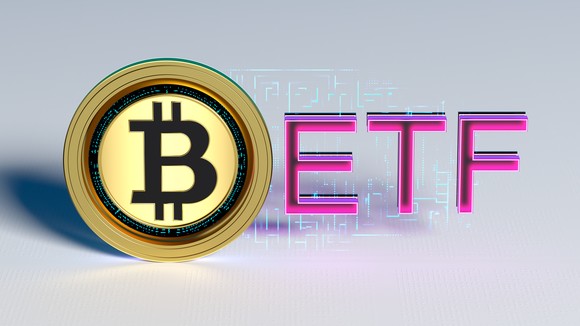 The Bitcoin logo next to the letters ETF.