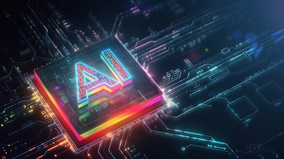 A circuit board with a chip with holographic letters AI printed on it.