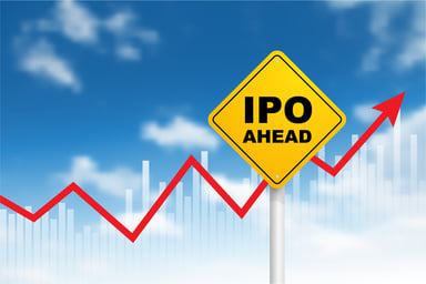Road sign reads IPO AHEAD over a rising stock chart
