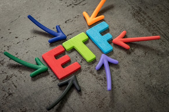 A colorful graphic with arrows pointing to the letters ETF.