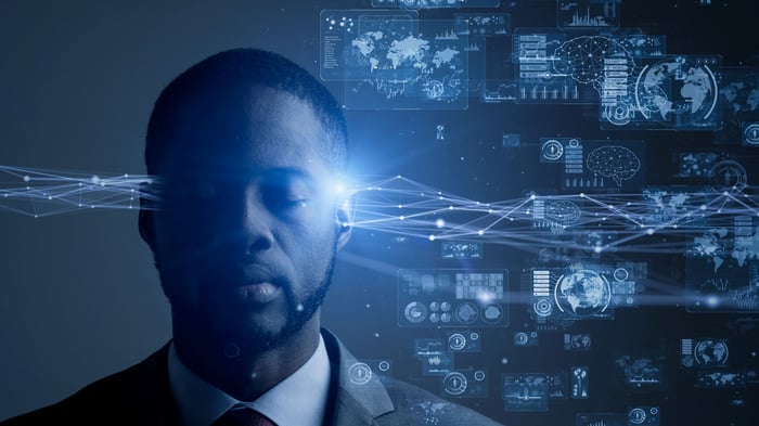 Futuristic image showing many ideas going through a person's mind.