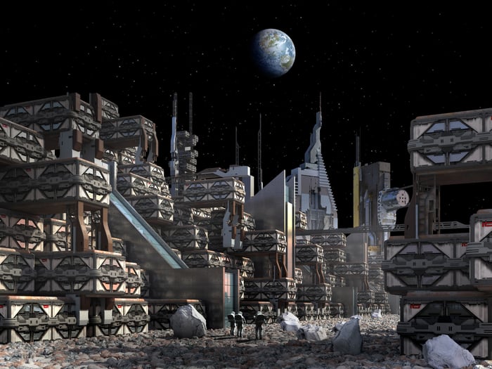 Digital art of astronauts standing near a factory on the moon, looking at planet Earth.