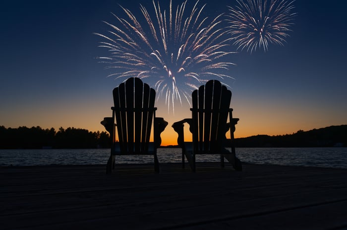 Silhouette of two chairs pointed at fireworks over a body of water at sunset.