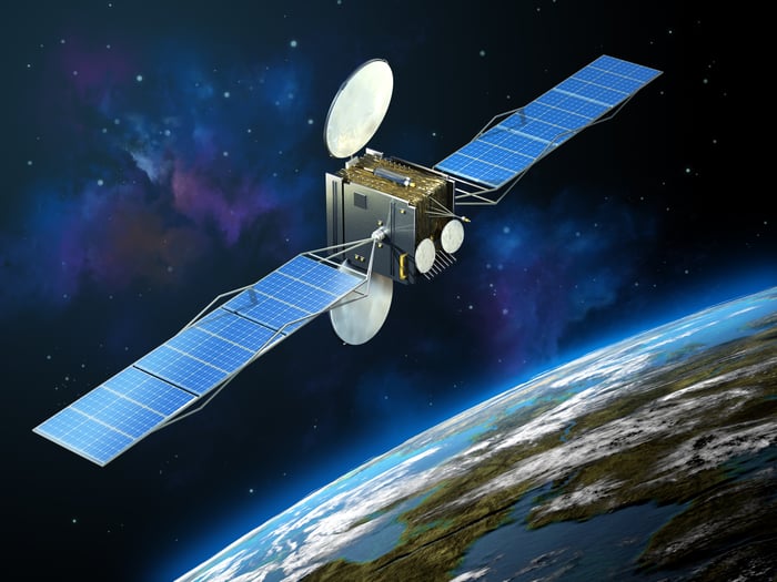 Photo of a satellite in orbit.