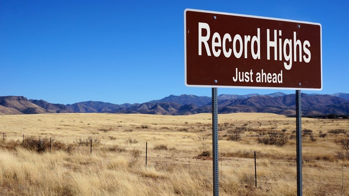 A sign that reads “Record Highs Just ahead” on the side of a road next to an open plain with mountains in the background.