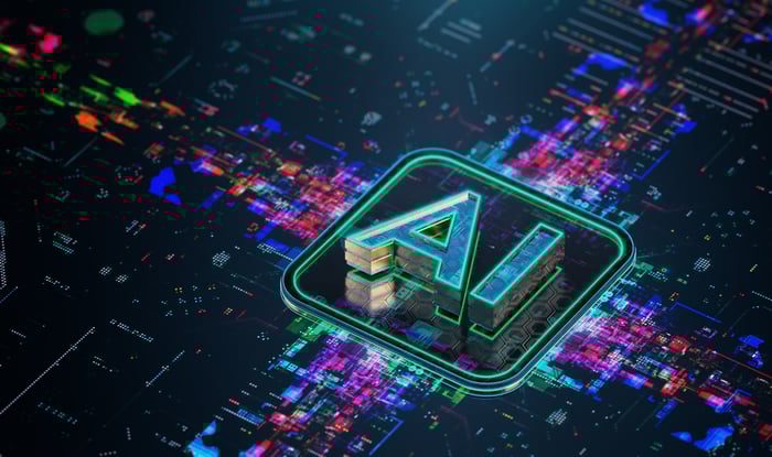 AI on a chip at the cross-section of a circuit board.