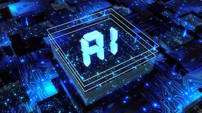 The letters AI within a square on a circuit board.