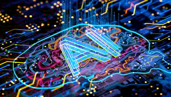 AI within a brain on a circuit board.