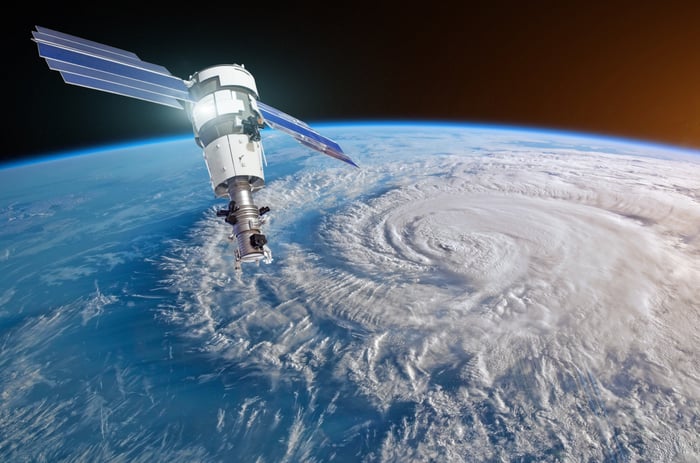 Weather satellite orbiting over a hurricane on Earth.