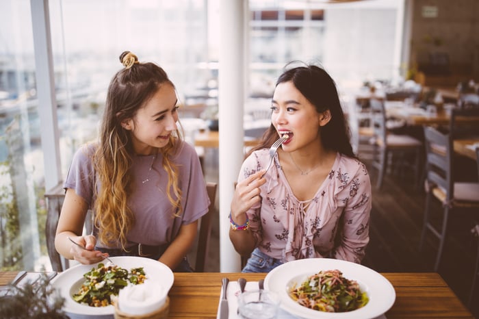 Two people eating at a restaurant. 