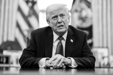 President Donald Trump BW WH Photo Discuss Tariffs Oval Office